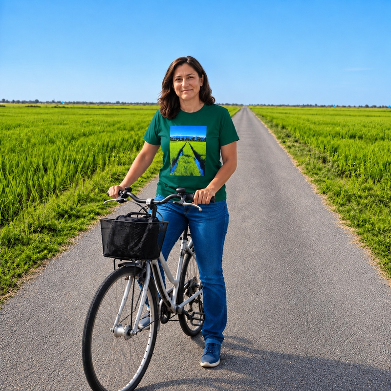 Dona amb bicicleta en una carretera entre arrossars del Delta de l’Ebre, amb samarreta verda estampada amb una foto d’un arrossar