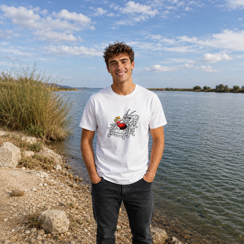 Jove amb samarreta blanca Mosquit Cool a la vora del riu Ebre, prop de la desembocadura, al Delta de l’Ebre