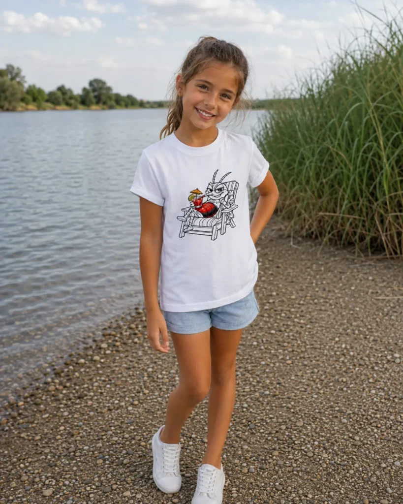 Nena amb samarreta blanca Mosquit Cool a la vora del riu Ebre, prop de la desembocadura, al Delta de l’Ebre