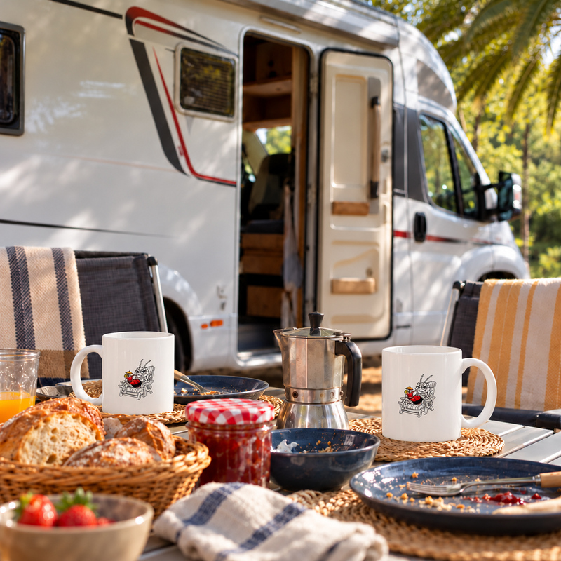 Dues tasses blanques Mosquit Cool de Lo Fang Club amb la il·lustració d’un mosquit relaxat, sobre una taula de càmping amb restes d’esmorzar, davant d’una autocaravana.