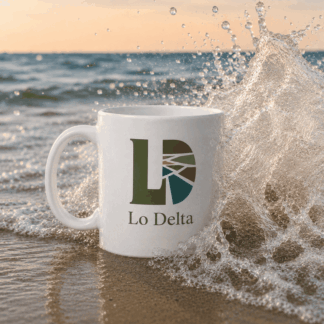 Tassa blanca Lo Delta Field sobre la sorra de la platja amb una onada trencant al costat, inspirada en el Delta de l’Ebre.