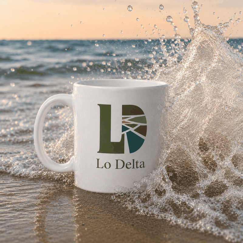 Tassa blanca Lo Delta Field sobre la sorra de la platja amb una onada trencant al costat, inspirada en el Delta de l’Ebre.