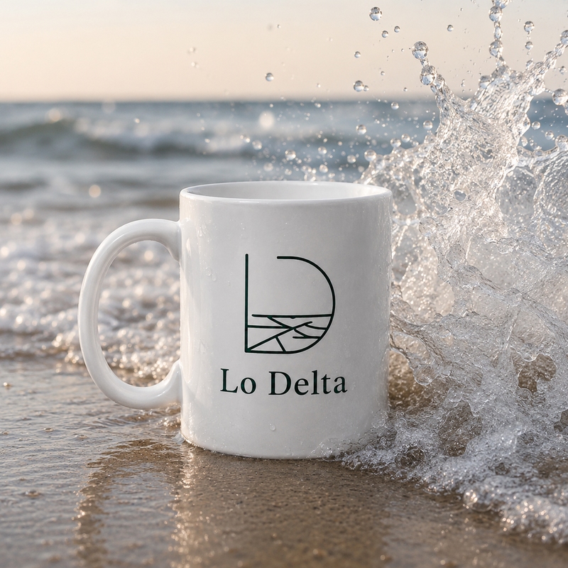 Tassa blanca Lo Delta Style a la sorra de la platja amb una onada trencant al costat, inspirada en el Delta de l’Ebre.