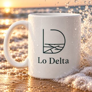 Tassa blanca Lo Delta amb logotip lineal sobre la sorra mullada de la platja, envoltada d’onades i esquitxos d’aigua al capvespre.