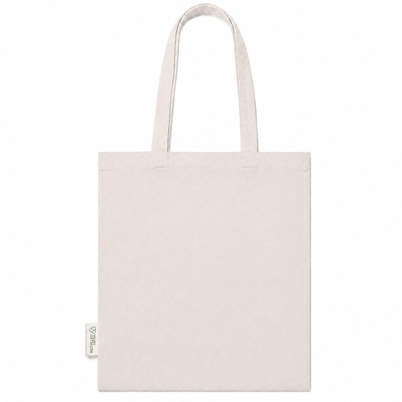 Part posterior de la bossa tote de cotó reciclat Lo Fang Club amb etiqueta Recycled Cotton