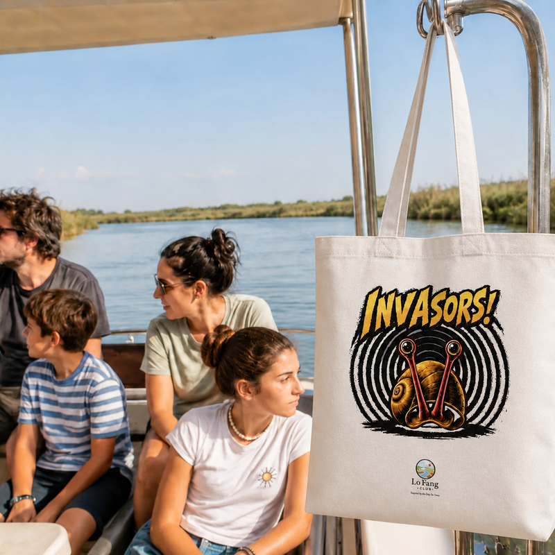 Bossa tote bag Invasors de Lo Fang Club penjada i ben visible en una petita embarcació navegant pel riu Ebre al Delta, amb una família al fons.