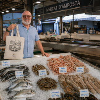 Home amb tote bag del flamenc yogui de Lo Fang Club en una parada de peix del Mercat d’Amposta amb productes del Delta de l’Ebre.