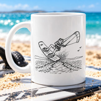 Zoom de la Tassa Granota Kitesurfista blanca amb il·lustració en negre sobre fons blanc