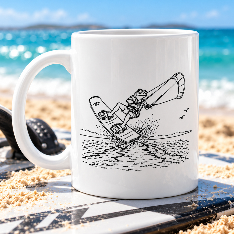Zoom de la Tassa Granota Kitesurfista blanca amb il·lustració en negre sobre fons blanc